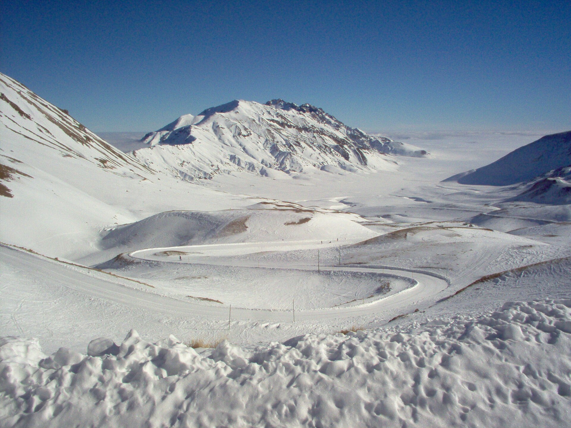 The snow-covered Campo Imperatore plateau and its winding road