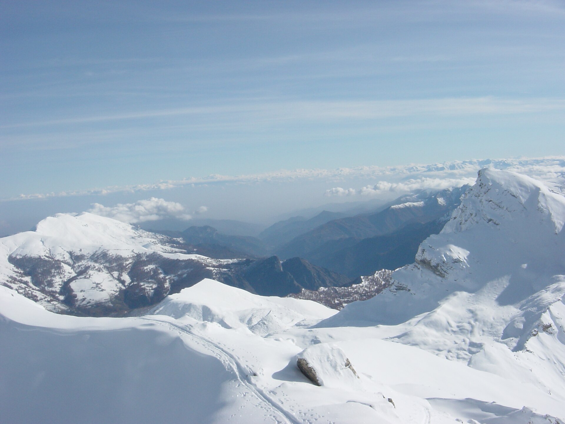 Snow-covered ridges and bowls around Monte Marchisa in Valle Maira