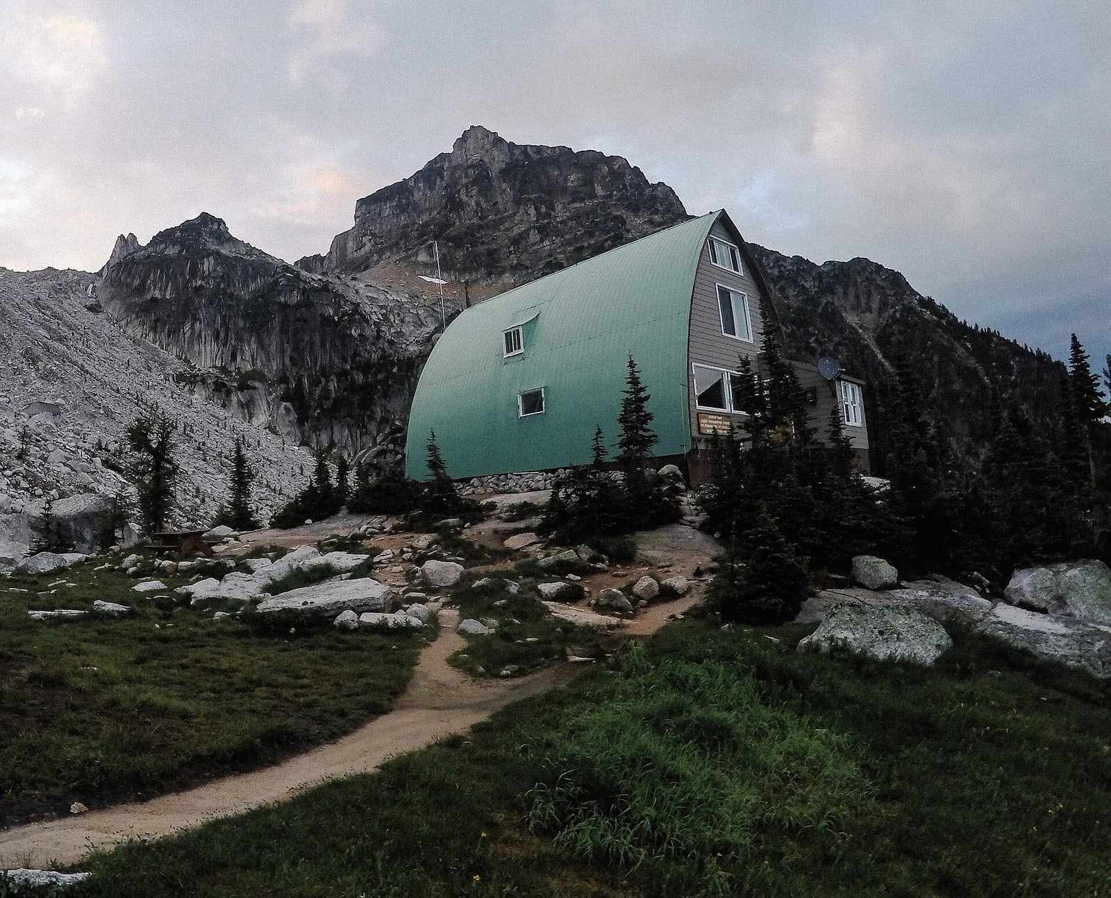 Conrad Kain Hut beneath Eastpost Spire in the Bugaboos