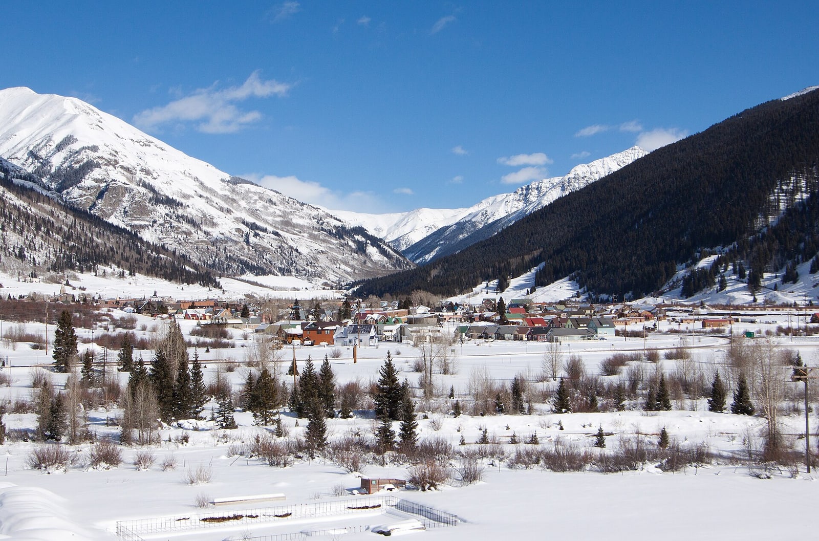 The town of Silverton surrounded by snowy mountains in winter