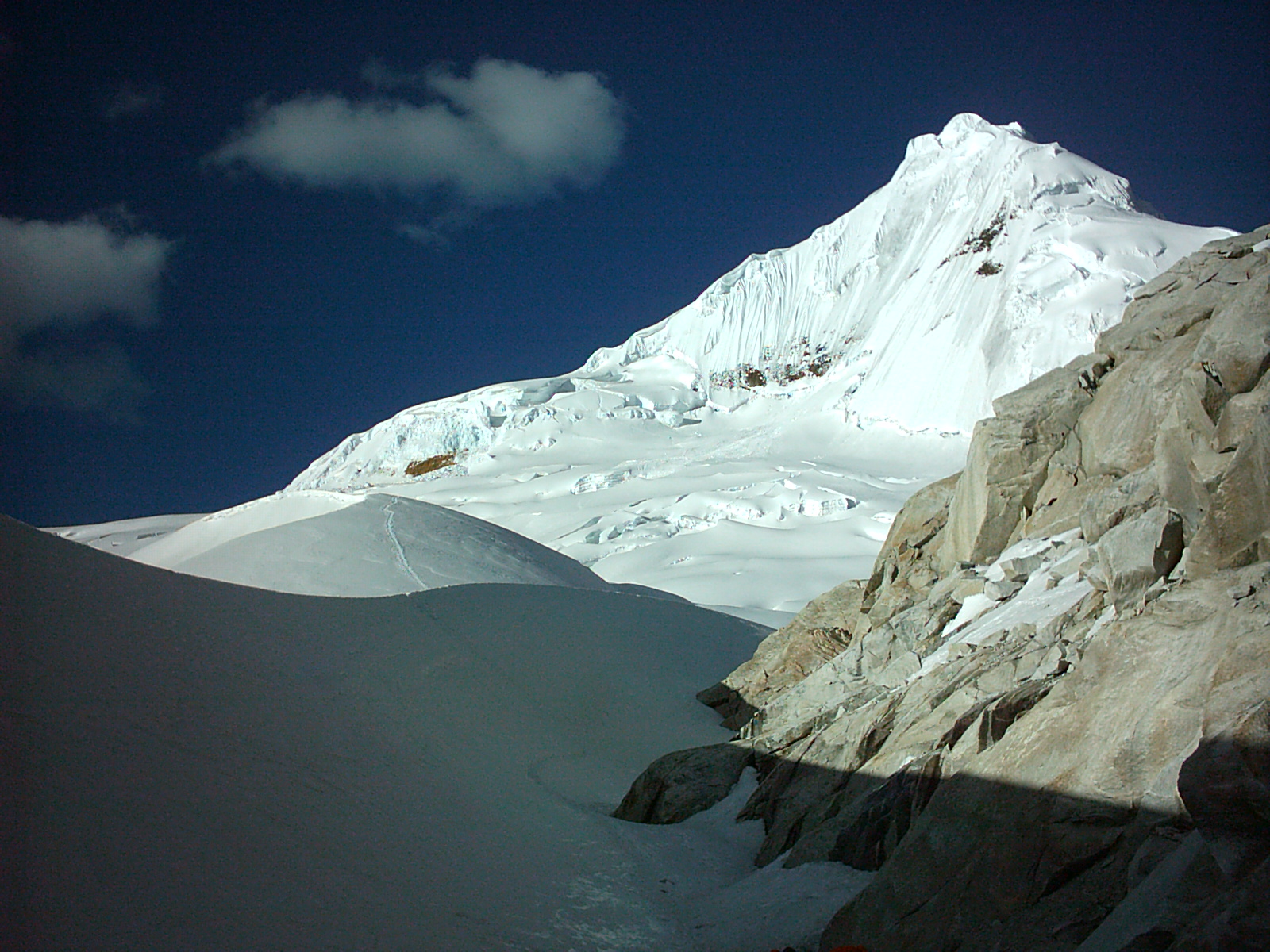 The steep fluted snow and ice faces of Tocllaraju