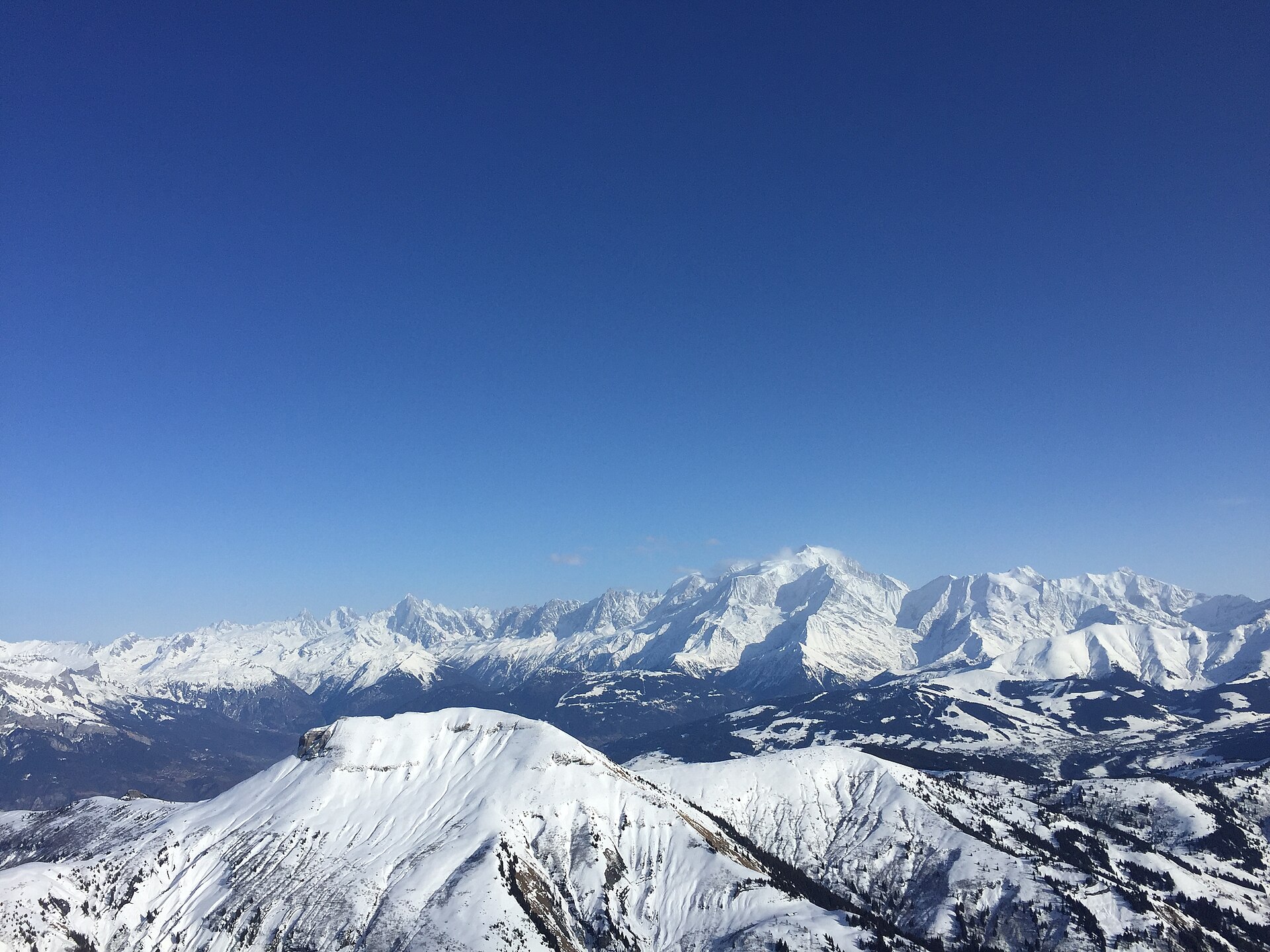A snowy mountain panorama toward Mont Blanc from La Clusaz