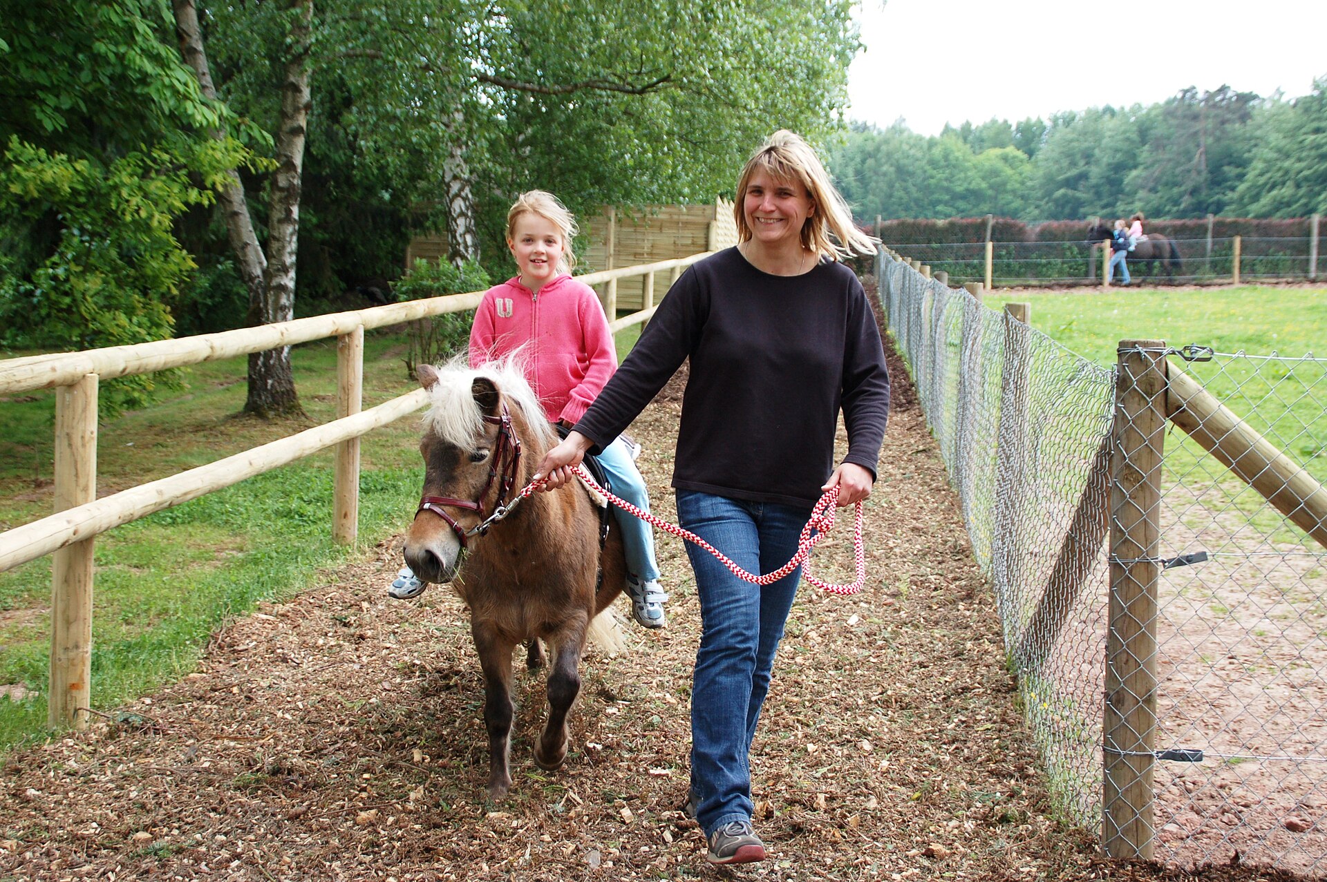 A small child riding a led pony in Germany