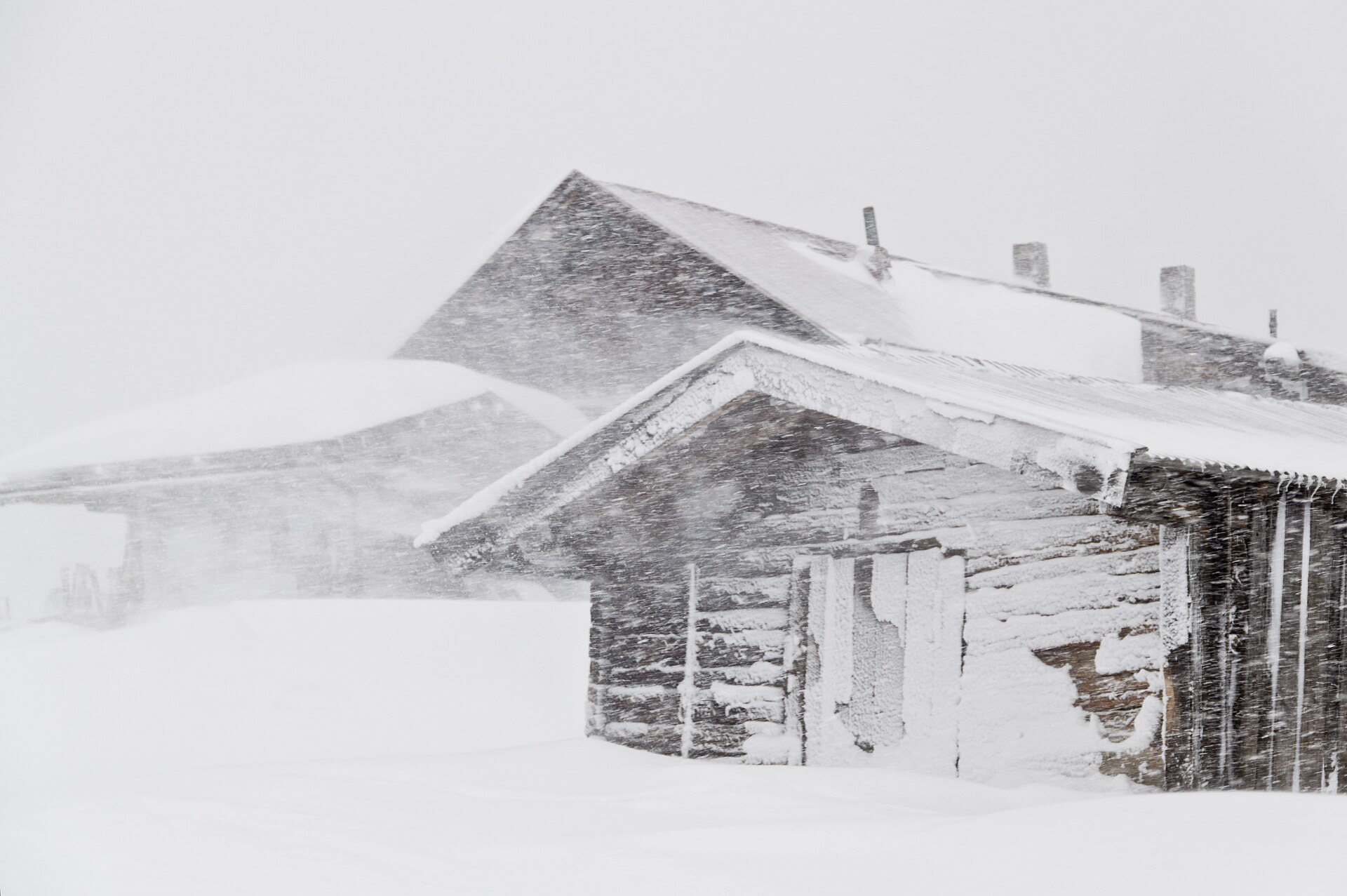 A farmhouse and trees disappearing into a snowstorm at Niederau in Tyrol